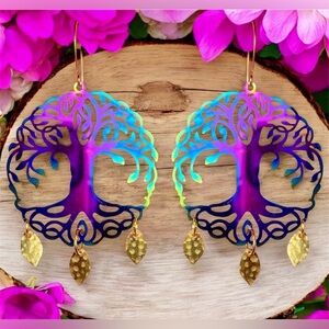 Tree of Life Earrings Rainbow Iridescent Metal w/ Gold-Plated Hooks Hippie Fest